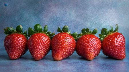 A vibrant arrangement of fresh red strawberries set against a colorful backdrop. Ideal for food photography or culinary themes highlighting healthy eating.の素材