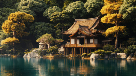 A stunning traditional house set on a calm lake, surrounded by vibrant trees and lush greenery, offering a peaceful escape for nature lovers and travelers.の素材