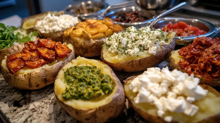 A beautiful display of gourmet baked potatoes topped with various fresh ingredients showcasing a delicious culinary experience in a modern kitchen setting.の素材