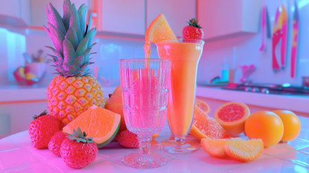 A vibrant scene featuring a colorful fruit cocktail surrounded by fresh tropical ingredients. Perfect for summer vibes and healthy parties.の素材