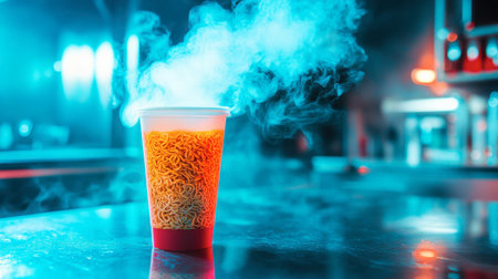 A close-up of a steaming cup of instant noodles showcasing vibrant colors and vapor, creating a cozy and appetizing atmosphere perfect for food lovers.の素材