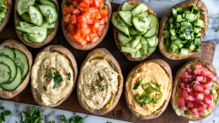 A vibrant display of sweet potato bowls topped with fresh vegetables and creamy dips. Perfect for healthy meals, snacks or party appetizers, this colorful arrangement showcases a variety of flavors and textures.の素材
