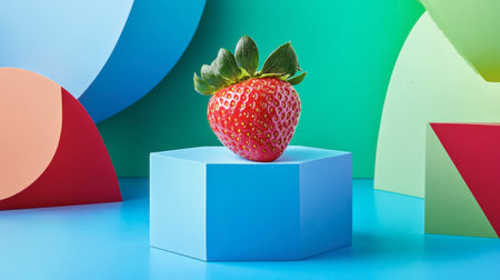 A vibrant strawberry sits atop a blue hexagonal shape, surrounded by colorful geometric backgrounds. The image portrays freshness and artistic design, perfect for food-related themes.の素材