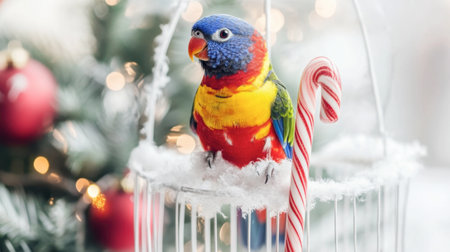 A vibrant parrot perched in a festive holiday scene, surrounded by decorations and a candy cane, creating a cheerful atmosphere suitable for winter celebrations.の素材