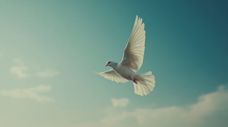 A stunning white bird gracefully soars through a clear blue sky, symbolizing freedom and peace. The delicate wings and soft clouds create a serene and uplifting atmosphere.の素材