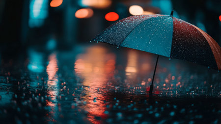 A vibrant umbrella stands alone in the rain, creating a striking contrast against the reflective wet pavement and blurred urban lights.の素材