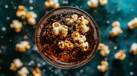 A top view of a glass filled with a fizzy beverage and floating popcorn, creating a playful and appetizing arrangement on a vibrant blue surface.の素材