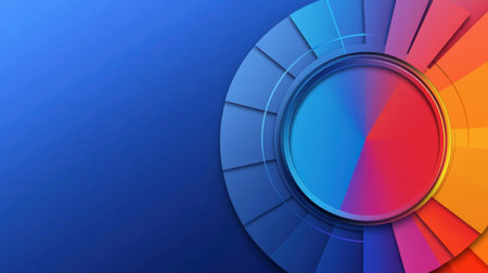 This abstract geometric design features a circular color wheel against a deep blue background, creating a vibrant and modern visual aesthetic. Ideal for creative projects.の素材