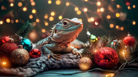 A charming lizard elegantly poses amidst colorful holiday decorations and sparkling lights, creating a serene and whimsical atmosphere perfect for seasonal celebrations.の素材