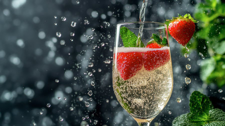 A stunning glass filled with sparkling drink showcases fresh strawberries and mint leaves. Bubbles rise, creating a refreshing and vibrant atmosphere perfect for any celebration.の素材