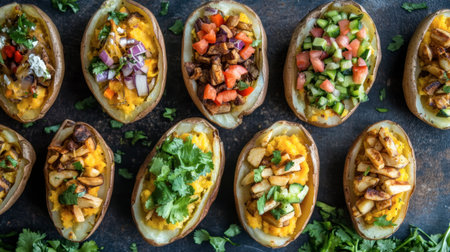 A vibrant display of loaded baked potatoes topped with fresh vegetables and savory ingredients. Perfect for sharing or as a stunning side dish.の素材