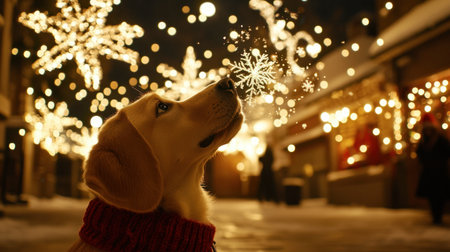 A charming dog wearing a cozy sweater gazes up at delicate snowflakes amidst enchanting holiday lights in a snowy street scene, capturing the essence of winter joy.の素材