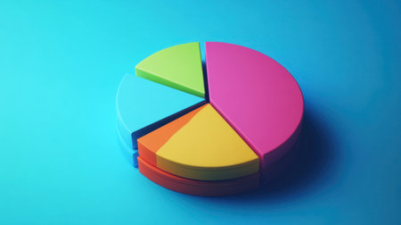 A vibrant pie chart model sits against a blue backdrop, ideal for business analysis and presentations, conveying insights through colorful data visualization for effective communication.の素材
