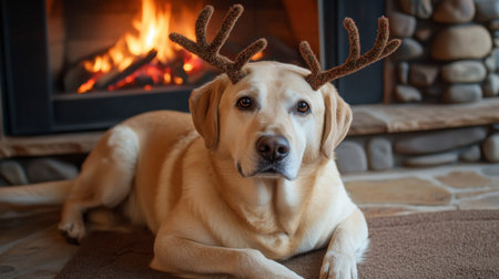 A cheerful dog wearing festive antlers relaxes beside a warm fireplace. This cozy indoor scene captures the essence of companionship and holiday joy.の素材