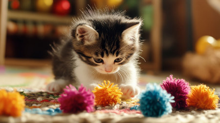 A cute and playful kitten curiously explores a variety of colorful pom pom toys on a textured carpet, showcasing its adorable behavior and playful nature.の素材
