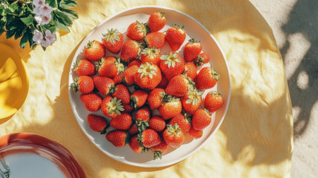 A beautiful arrangement of fresh strawberries on a yellow tablecloth, showcasing their vibrant red color and natural appeal. Perfect for summer themes.の素材
