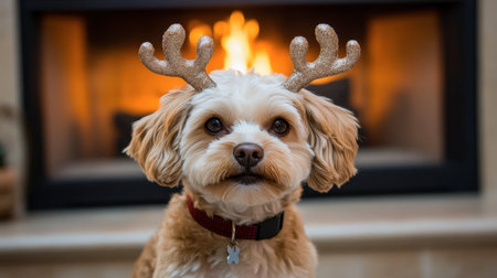 A charming dog wearing sparkling antlers sits in front of a warm fireplace, embodying the joy and coziness of the holiday season, perfect for festive themes.の素材