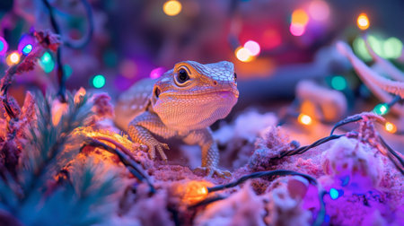 A charming lizard poses amidst vibrant holiday lights, creating a magical atmosphere. The colorful illumination enhances the unique features of this exotic reptile.の素材