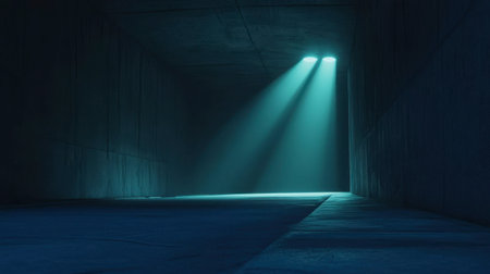A dimly lit tunnel featuring beams of light cutting through darkness, creating an atmosphere of mystery. The shadows cast on the floor enhance the scene's surreal quality.の素材