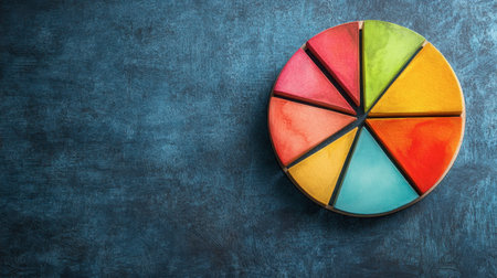 A vibrant color palette arranged in circular slices rests against a textured blue background, showcasing bright hues that inspire creativity and artistic expression.の素材