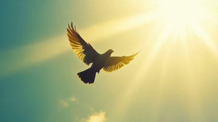 A stunning silhouette of a bird soaring against vibrant sunlight, symbolizing freedom and tranquility. Perfect for nature and wildlife themes.の素材