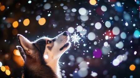 A charming dog gazing at a delicate snowflake in a dreamy winter setting. The soft bokeh lights enhance the magical atmosphere, creating a whimsical scene.の素材