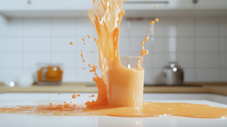A dynamic scene capturing a splash of fresh orange juice overflowing from a glass on a kitchen countertop. The vibrant liquid demonstrates freshness and vitality, perfect for food-related themes.の素材