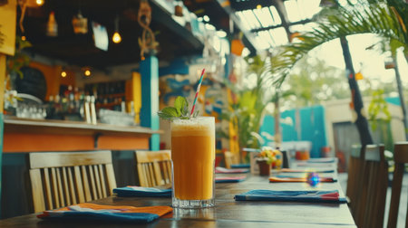 A vibrant tropical drink sits on a wooden table in a lively outdoor restaurant, surrounded by colorful decor and palm leaves, perfect for summer relaxation.の素材