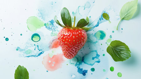A vibrant fresh strawberry sits atop a watercolor splash, surrounded by green leaves. This image captures the essence of freshness and artistic appeal in food photography.の素材