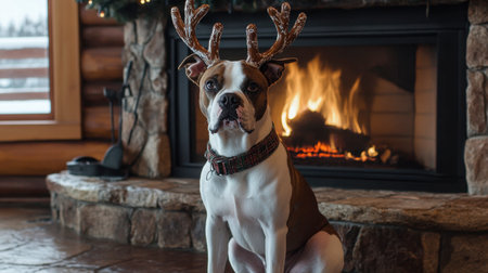 A charming dog wearing festive antlers sits beside a glowing fireplace in a warm holiday setting, creating an inviting atmosphere perfect for winter celebrations.の素材