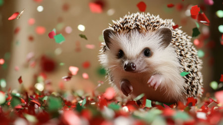 A charming hedgehog captures attention as it explores a vibrant scene filled with colorful confetti, perfect for festive themes and celebrations.の素材