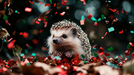 A charming hedgehog captured in a playful moment, surrounded by vibrant confetti and autumn leaves, creating a festive and joyful atmosphere in nature.の素材