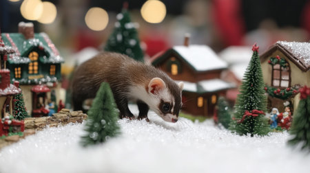 A playful ferret wanders through a whimsical snowy Christmas village scene. The picturesque setting features charming miniature houses and vibrant decorations.の素材