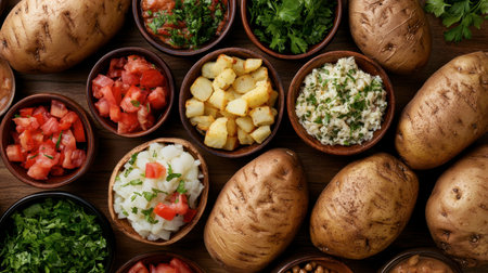 A vibrant overhead view showcasing fresh potatoes and assorted toppings, perfect for preparing hearty meals. Ideal for culinary inspiration and recipe ideas.の素材