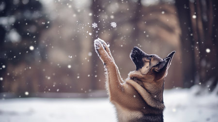 A cheerful dog joyfully reaching for falling snowflakes in a serene winter forest. This image captures the pure delight and curiosity of pets in snowy weather.の素材