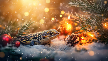 A charming lizard resting amidst winter decorations. This festive scene features a snow-covered ground, adorned with pine branches and sparkling lights, creating a cozy, enchanting atmosphere.の素材