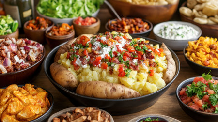 A vibrant baked potato bar displaying fluffy potatoes topped with fresh salsa, herbs, and a variety of toppings. Perfect for gatherings and enticing meals.の素材