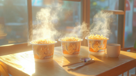 Three steaming cups of noodles sit on a wooden table, illuminated by warm sunlight, creating a cozy dining atmosphere perfect for enjoying a delicious meal.の素材