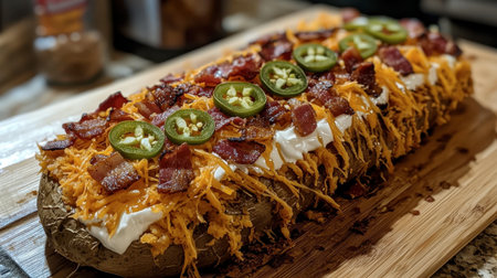 A delicious gourmet baked potato topped with crispy bacon, shredded cheese, jalapeno slices, and creamy sour cream, presented on a rustic wooden board.の素材