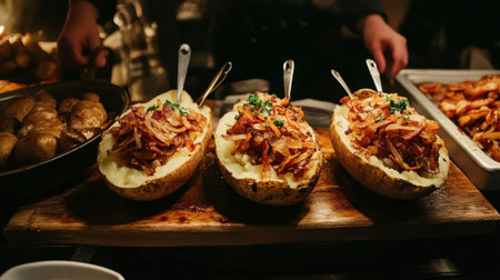 Three baked potatoes garnished with crispy onions and fresh herbs on a wooden board. A perfect dish for sharing at casual gatherings or festive occasions.の素材