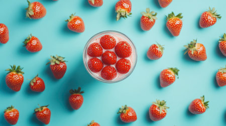 A vibrant arrangement of fresh strawberries, with a glass bowl filled with ripe berries at the center, showcasing their natural beauty and appealing colors.の素材