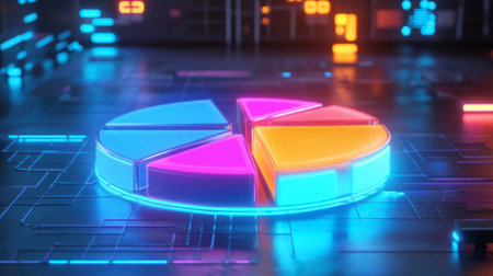 A vibrant, futuristic pie chart illuminated by neon lights, set against a sleek digital background, perfect for data representation and modern presentations.の素材