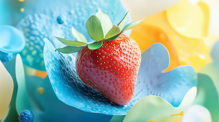 A vivid strawberry rests gracefully on a colorful abstract background, showcasing its fresh texture and vibrant colors. Perfect for food-related themes.の素材