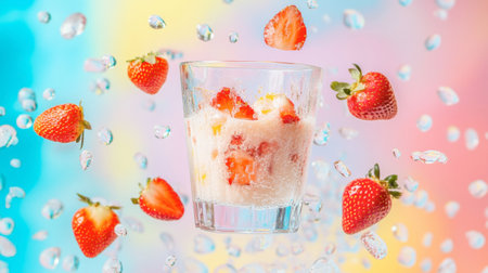 A vibrant strawberry smoothie is splashed with water droplets, showcasing its creamy texture against a colorful background. Perfect for summer refreshment!の素材
