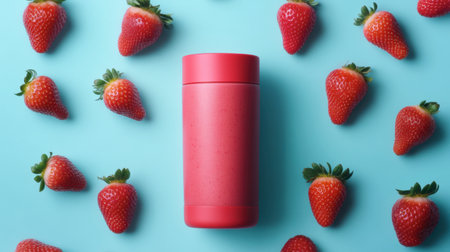 A bright red thermos is placed centrally amidst fresh strawberries on a vibrant blue surface, creating a visually stunning and appetizing arrangement perfect for summer.の素材