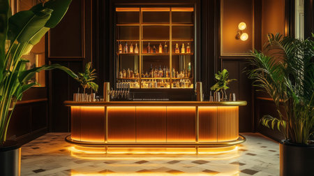 A sophisticated bar interior featuring modern decor, ambient lighting, and stylish furnishings, creating an inviting atmosphere for social gatherings and relaxation.の素材
