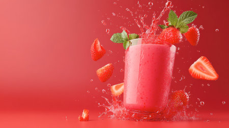 A vibrant strawberry smoothie splashes in a glass, surrounded by fresh strawberries and mint leaves, creating a refreshing and delicious summer drink.の素材