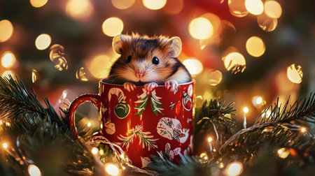 A charming hamster sits snugly in a festive red mug, surrounded by twinkling Christmas lights. This cozy scene captures the warmth and joy of the holiday season.の素材