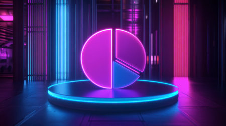 A striking neon pie chart display set in a modern digital environment, showcasing vibrant colors under dramatic lighting, perfect for visual data representation.の素材