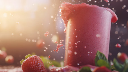 A vibrant strawberry smoothie bursts with splashes, showcasing freshness in a glass. Mint leaves and berries surround the drink, capturing summer's essence.の素材